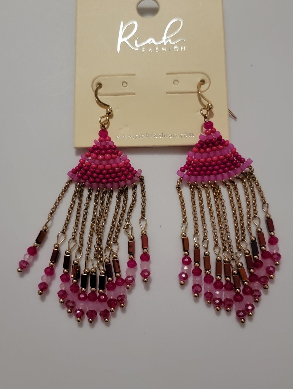 Riah Fashion Hot Pink Beaded Fringe Earrings with Gold Chains